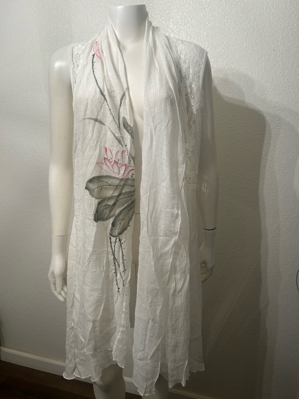 White Floral Open Front Cardigan Embroidered and Lace Waist Line - NWOT